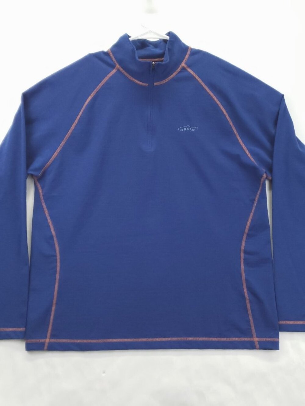 Orvis Sweater Mens Large Blue Trout Bum 1/4 Zip USA Made Stretch Long Sleeve